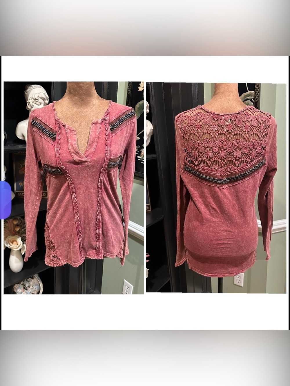 Gimmicks by BKE Embellished Boho Lace & Beaded Thermal Top Size XS